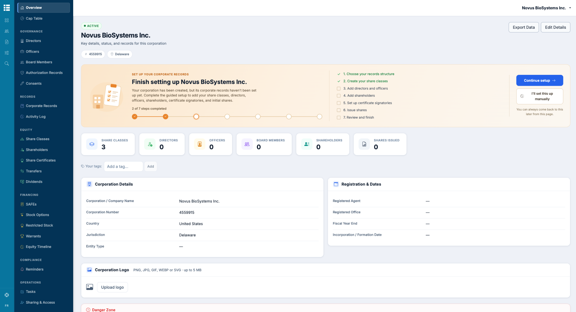 The corporation Overview page showing a setup progress tracker with seven steps and a Continue setup button