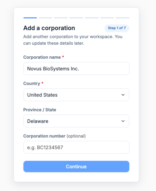 Step 1 of the guided setup: naming the corporation and choosing its country