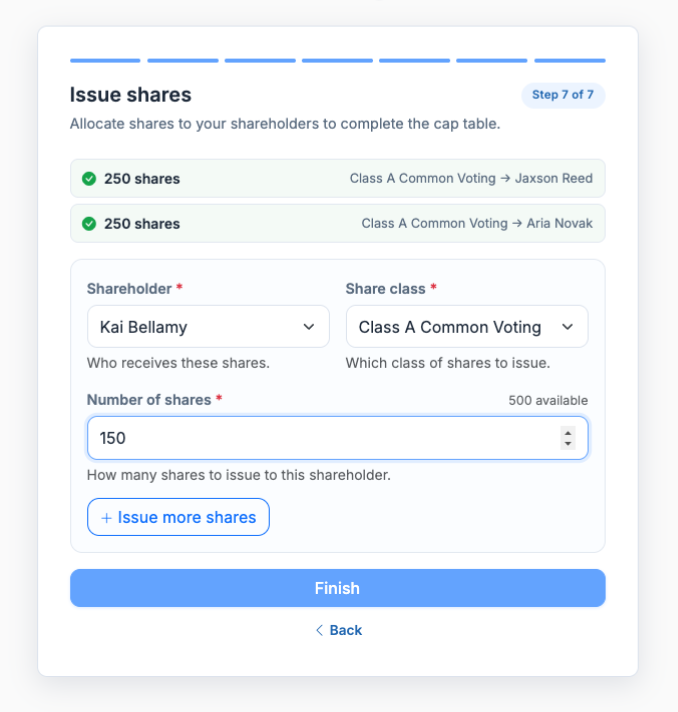 The final step of the guided setup: issuing shares to shareholders to complete the cap table