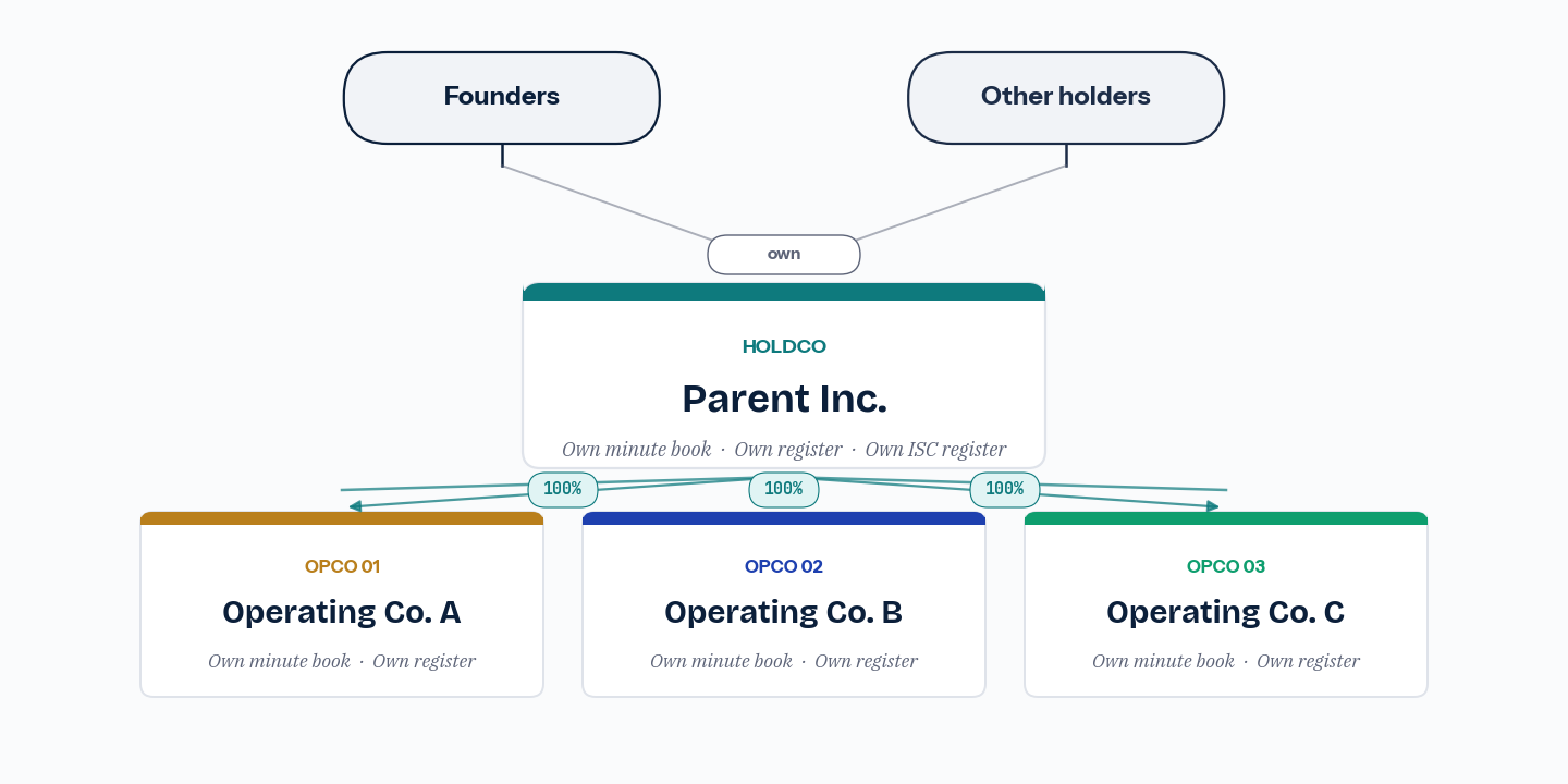 A typical holdco group: founders and other shareholders own the holdco parent, which in turn owns 100 percent of three operating subsidiaries (Opco A, Opco B, Opco C). Each entity has its own minute book and registers.