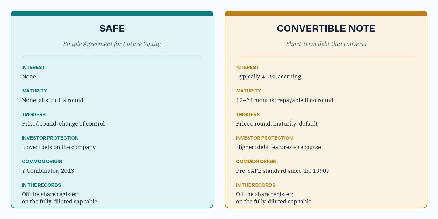 Side-by-side comparison of a SAFE and a convertible note: interest, maturity, triggers, investor protection, common origin, and how each sits in the corporate records.