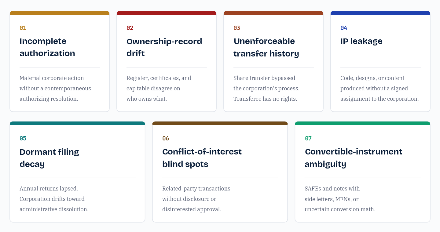 Seven failure modes shown as a 4-by-3 card grid: incomplete authorization, ownership-record drift, unenforceable transfer history, IP leakage, dormant filing decay, conflict-of-interest blind spots, and convertible-instrument ambiguity. Each card states the core failure in one short sentence.