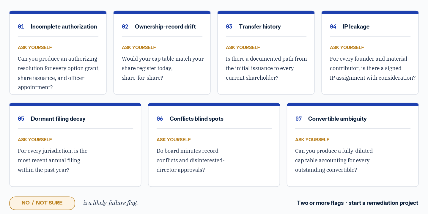 Seven self-diagnosis cards in a 4-by-3 grid. Each names a failure category and the question a corporation can ask itself to screen for it. A No or Not Sure answer to any question is a likely-failure flag; two or more flags signals that a remediation project is needed.