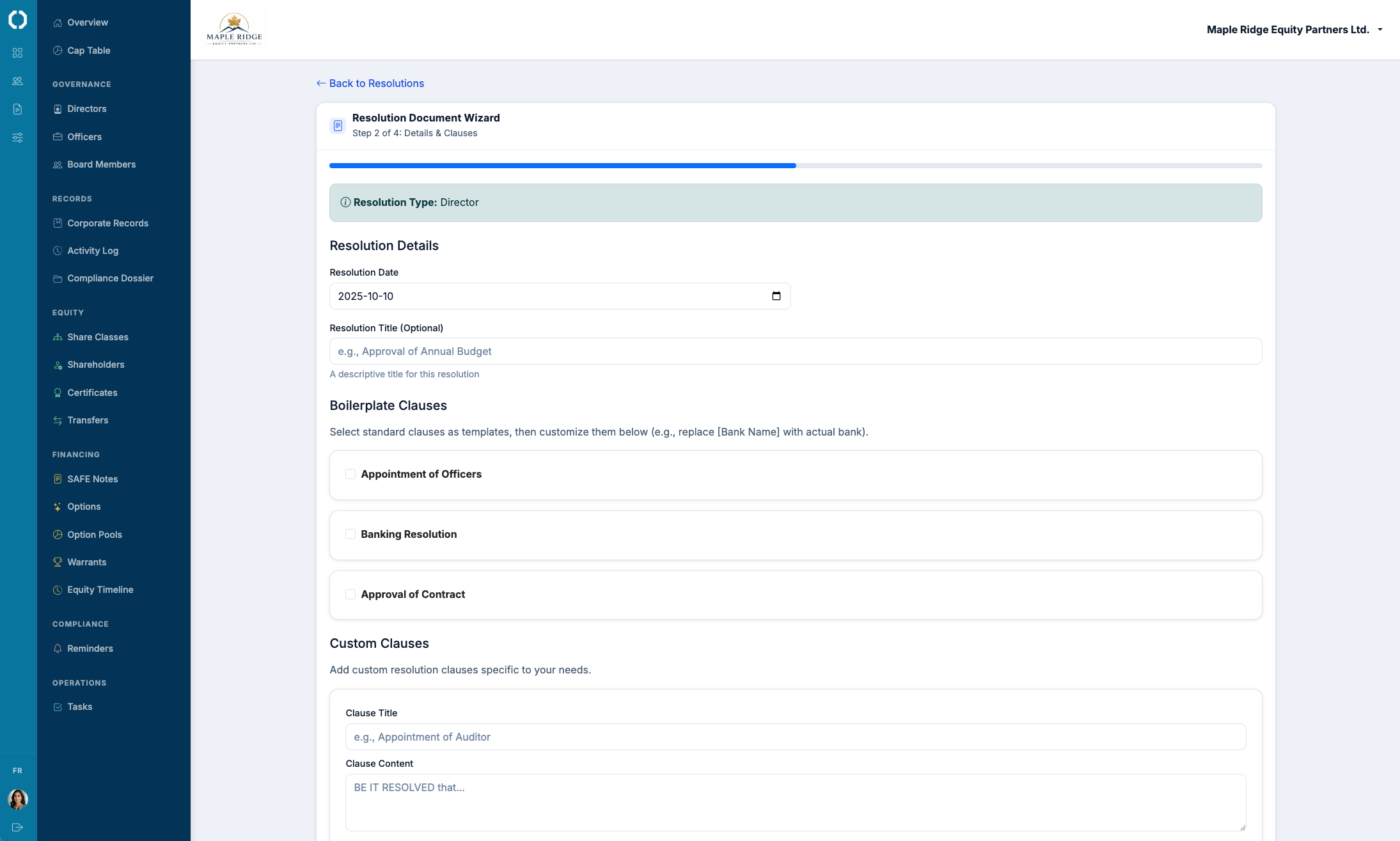 The board resolution workflow in Octelligence.