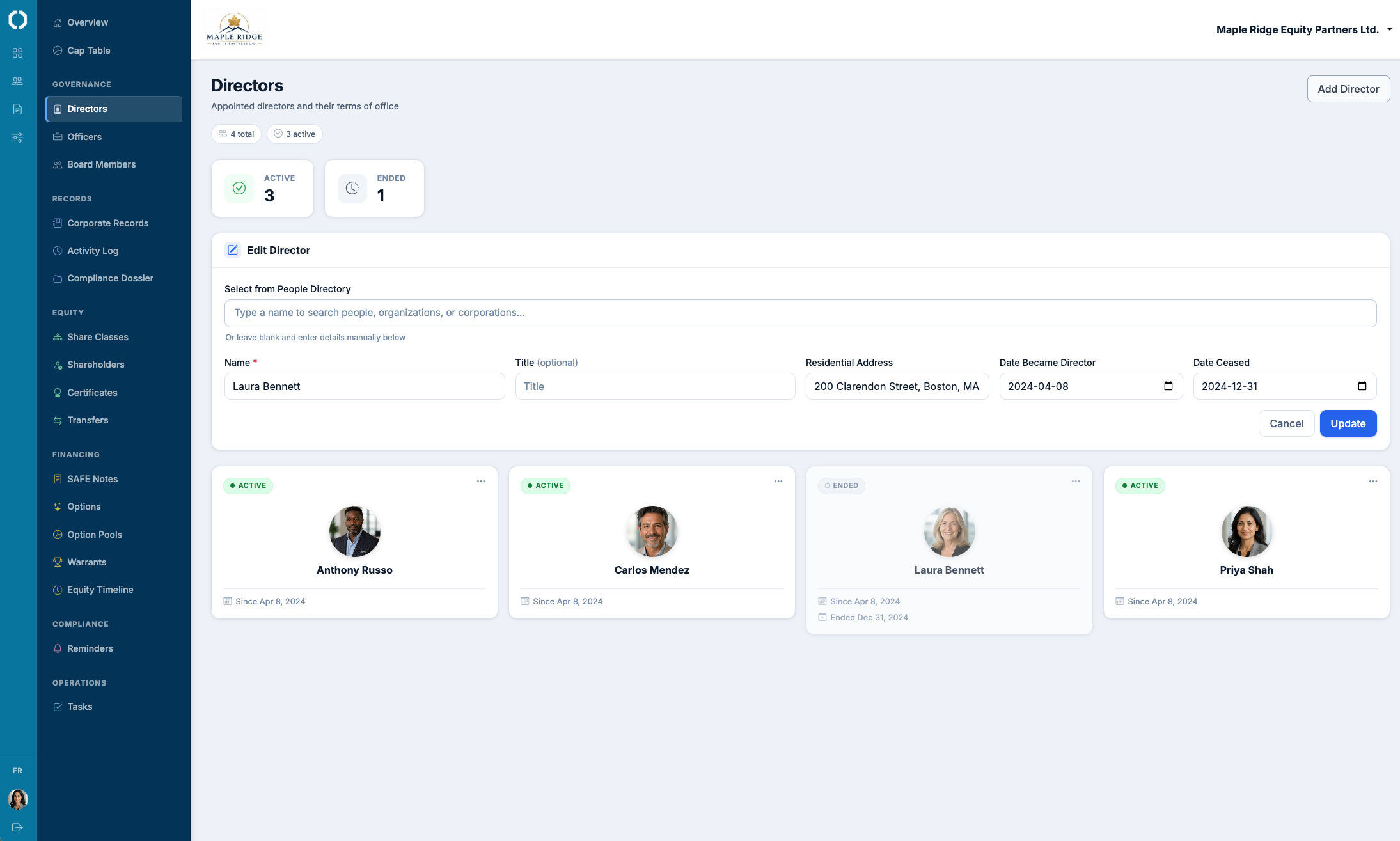 The director change workflow in Octelligence.