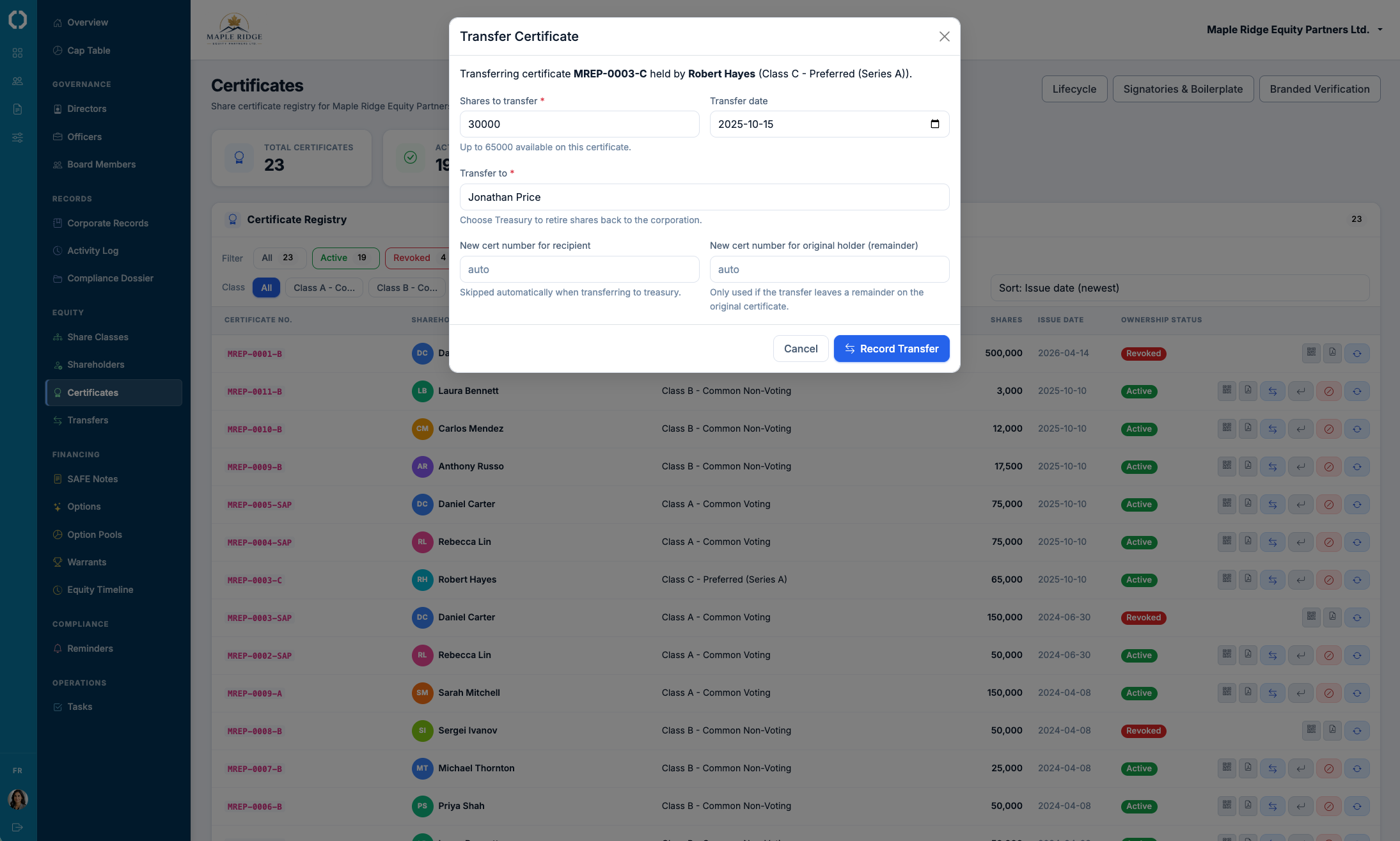 The transfer shares workflow in Octelligence.