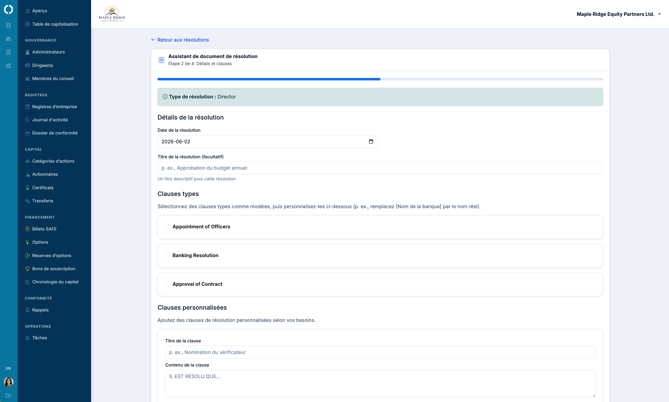 Le flux de travail « board resolution » dans Octelligence.