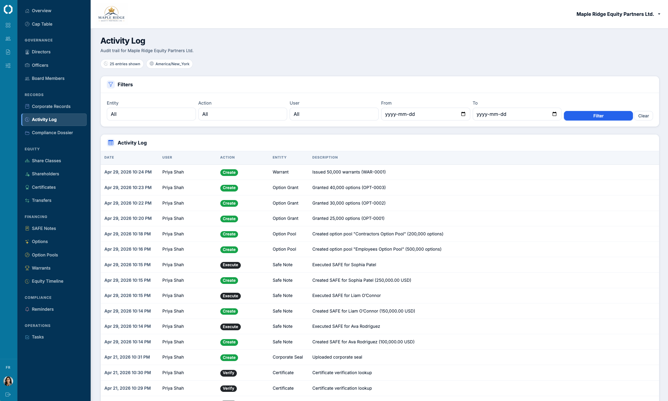 Activity log showing recent actions with user names, timestamps, and affected documents