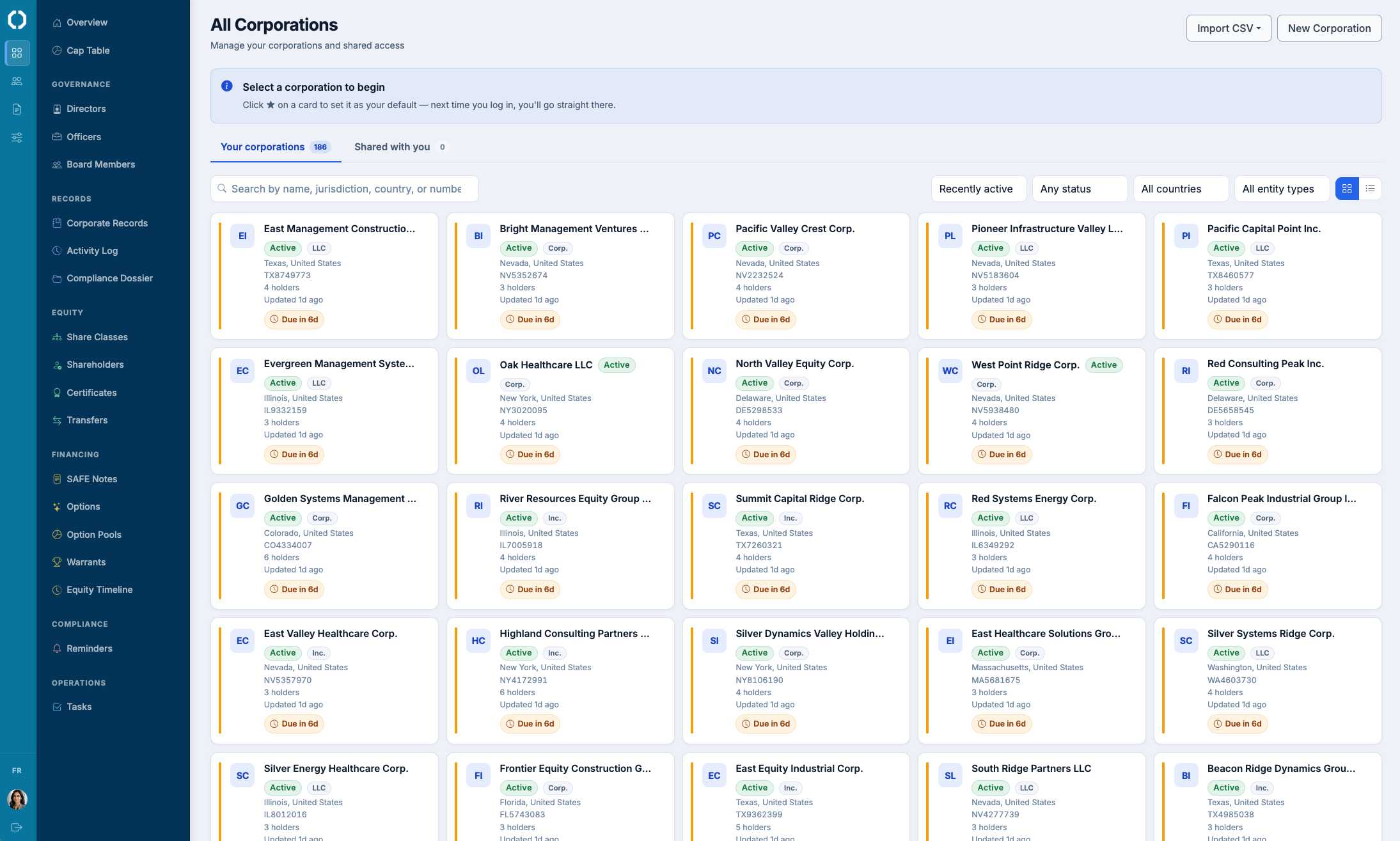 Firm-wide directory listing every client corporation in a single workspace, with status, jurisdiction, and key records at a glance