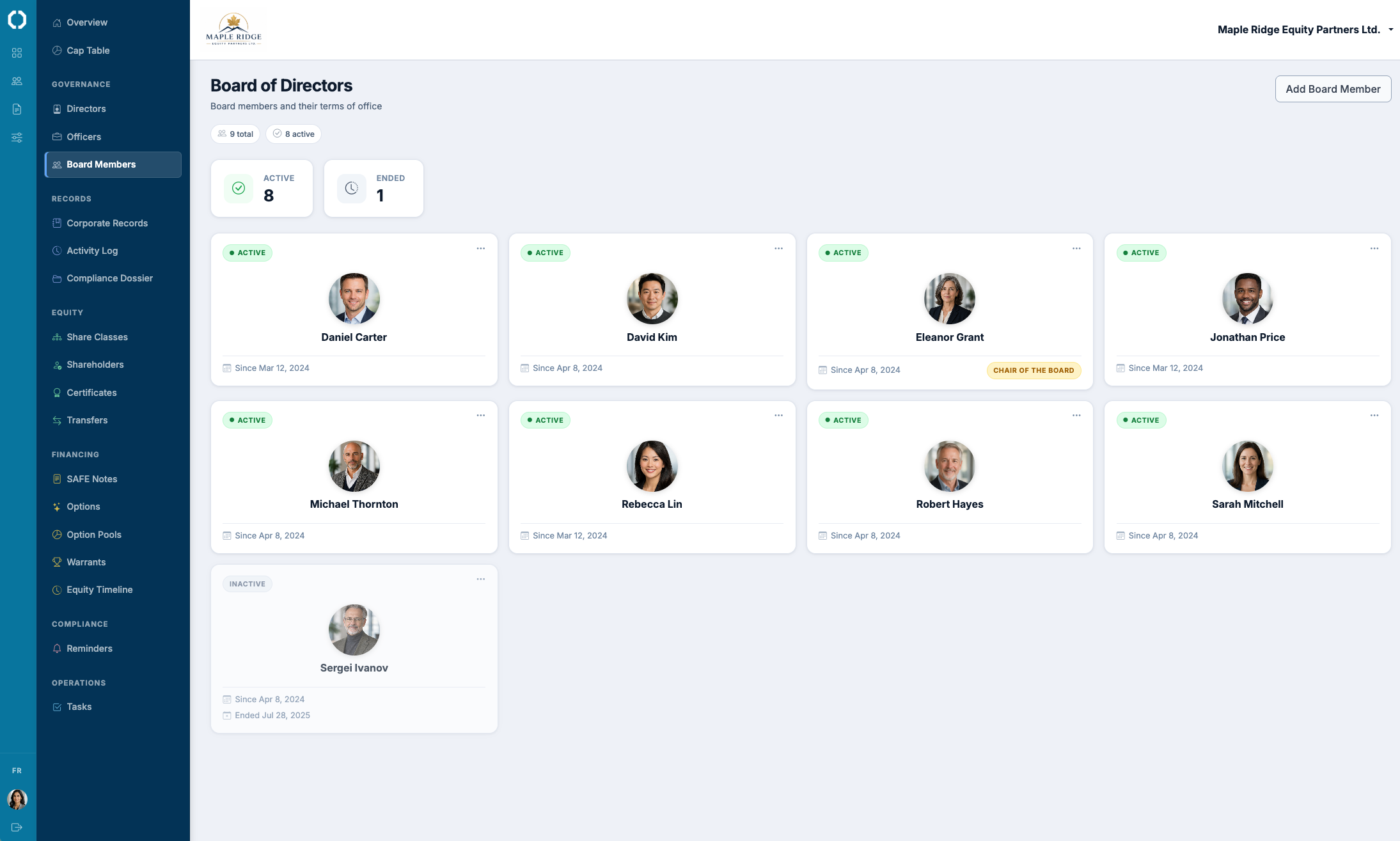 Board members register populated with names, roles, appointment dates, and supporting documents — one example of the structured registers Octelligence templates produce