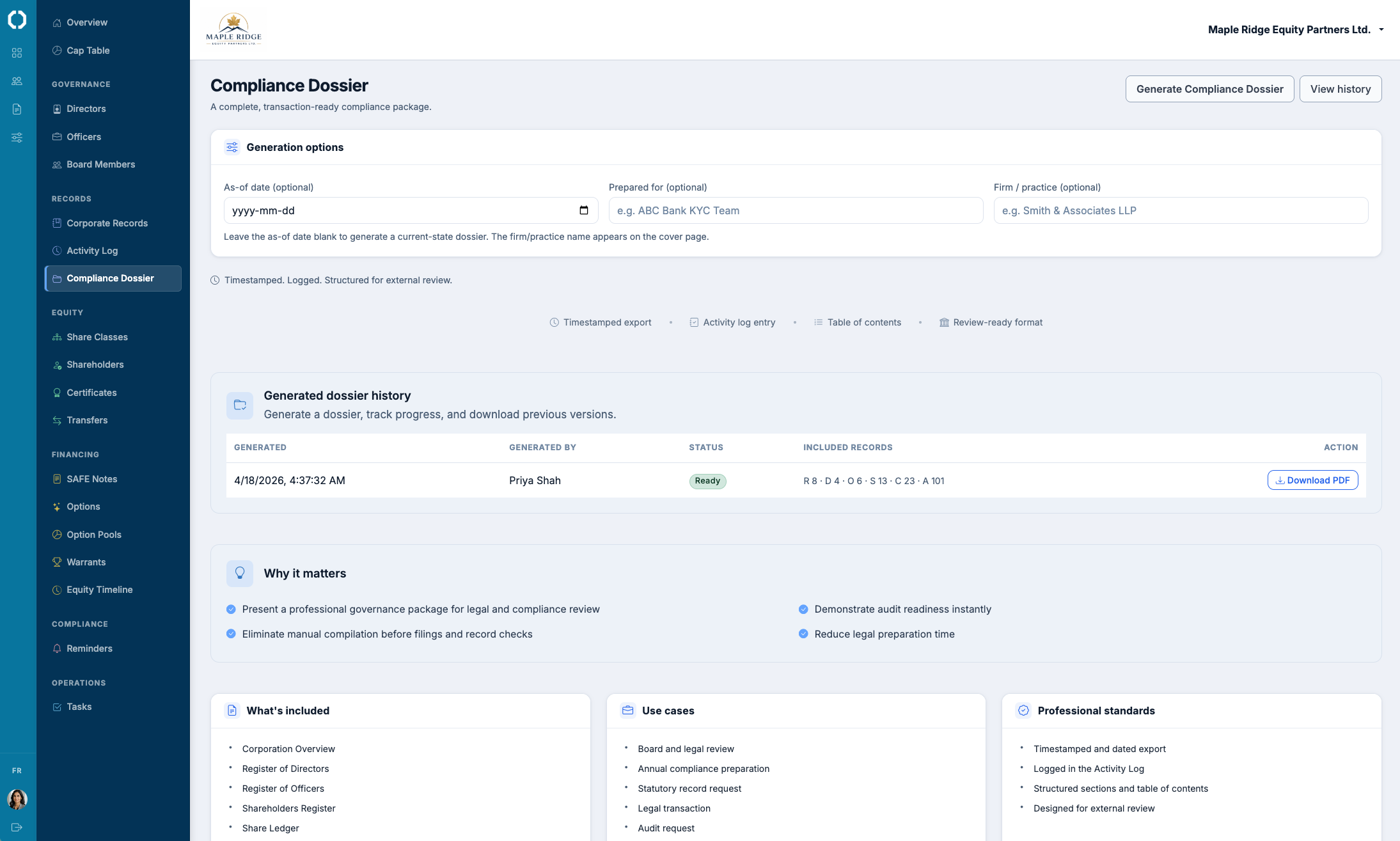 Compliance Dossier export preview bundling minute book, registers, certificates, and activity history into one structured package