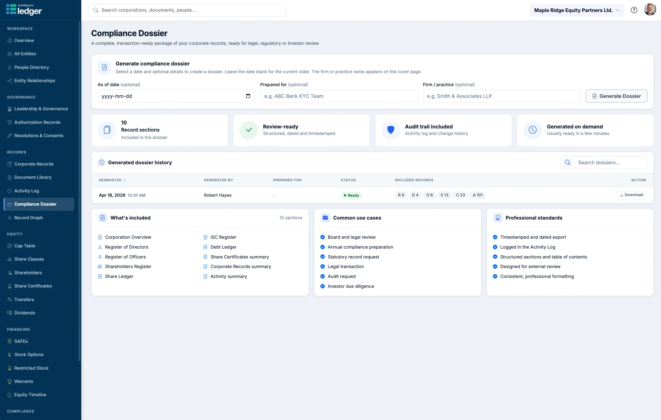 The due diligence workflow in Octelligence.