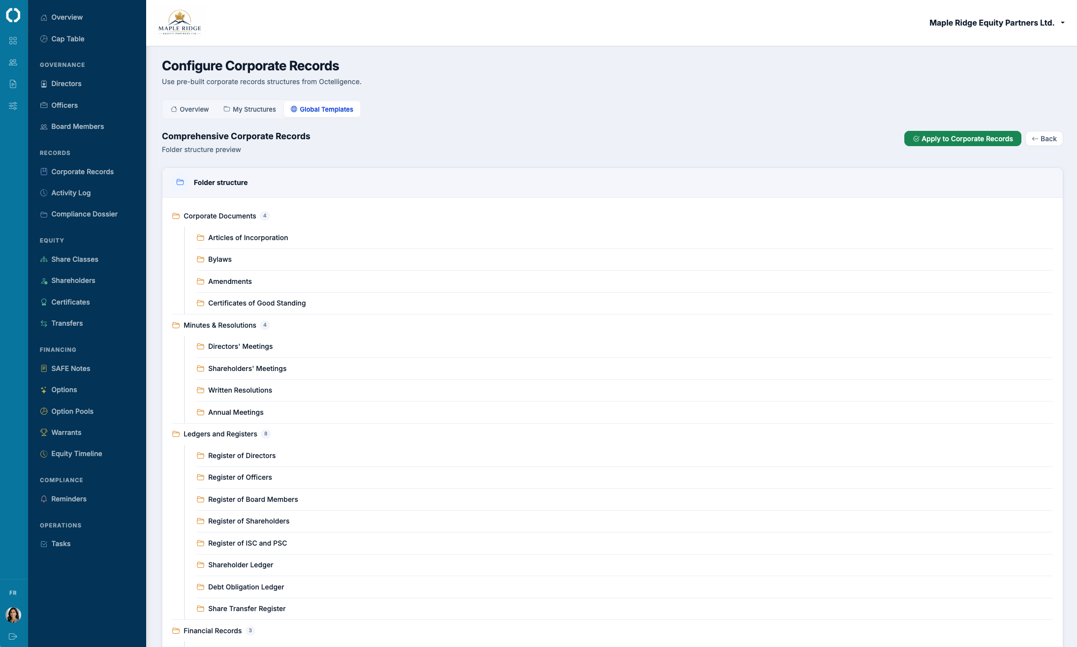 Minute book folder structure with Corporate Documents, Minutes and Resolutions, Ledgers and Registers, Financial Records