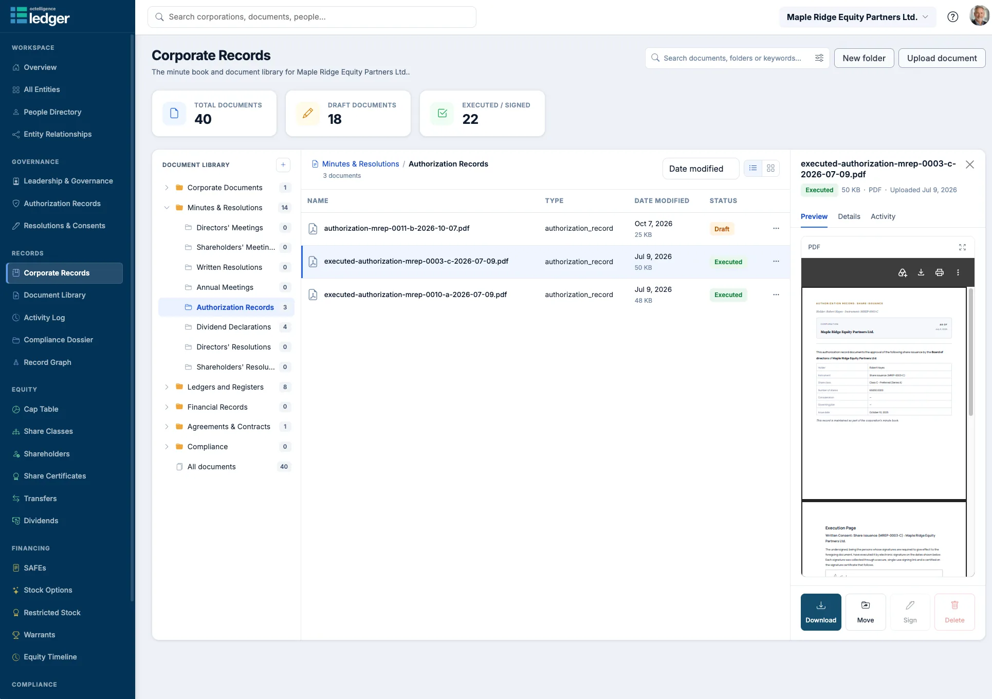 Corporate Records in Octelligence: minute book folders, authorization records and a preview of an executed document