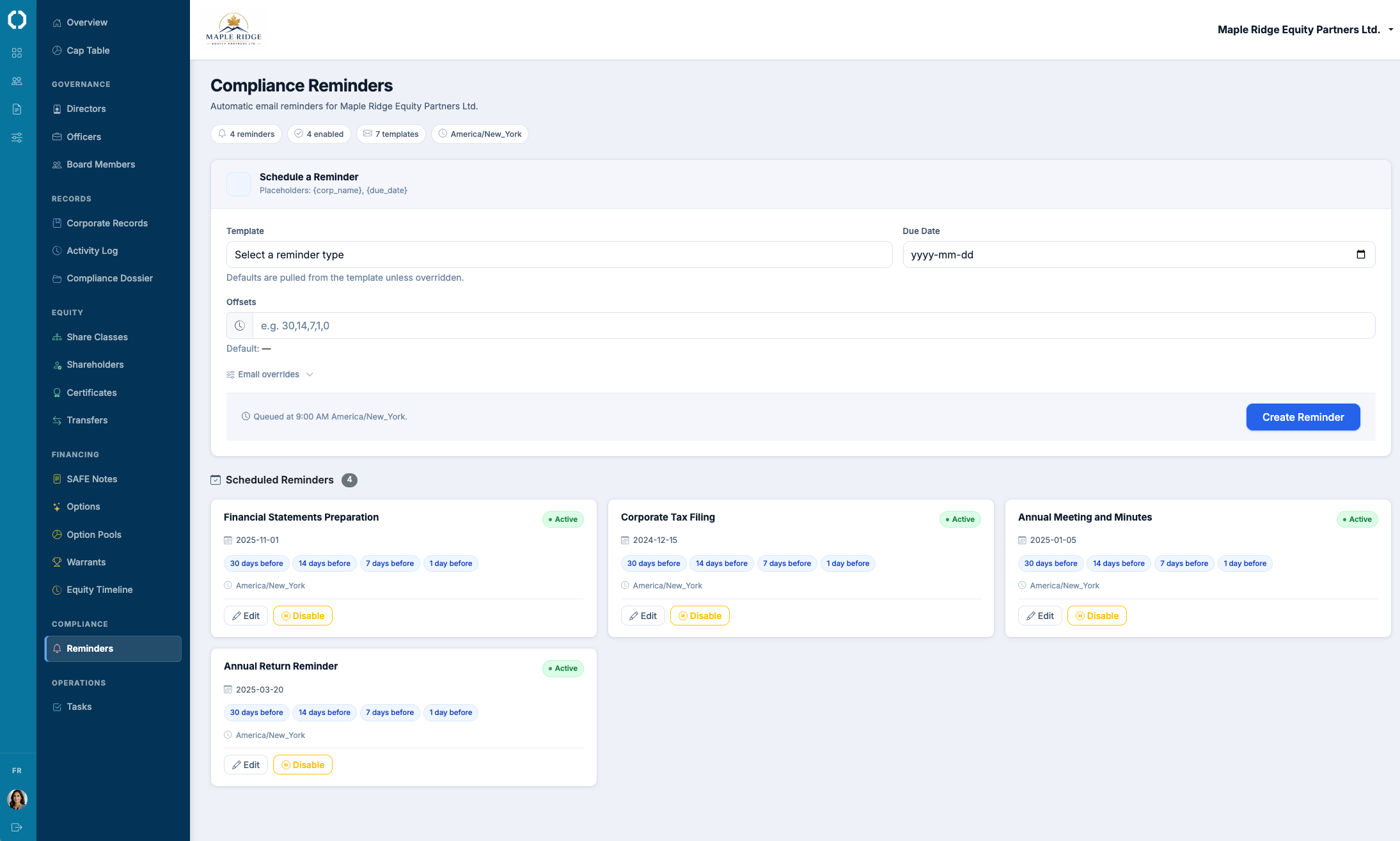 Compliance reminders dashboard with upcoming filings, due dates, and jurisdiction tags