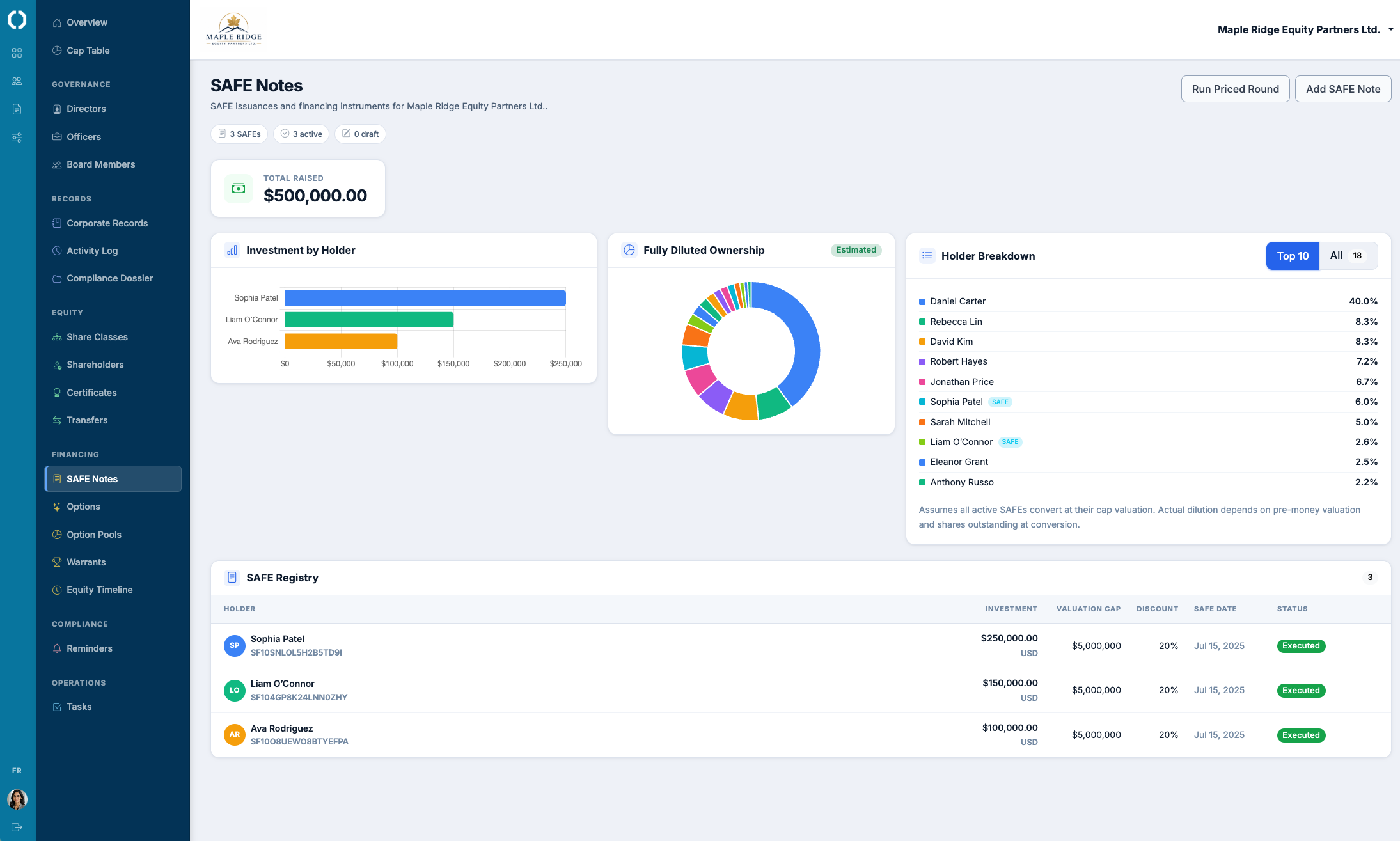 SAFE notes register with cap, discount, and conversion status per investor