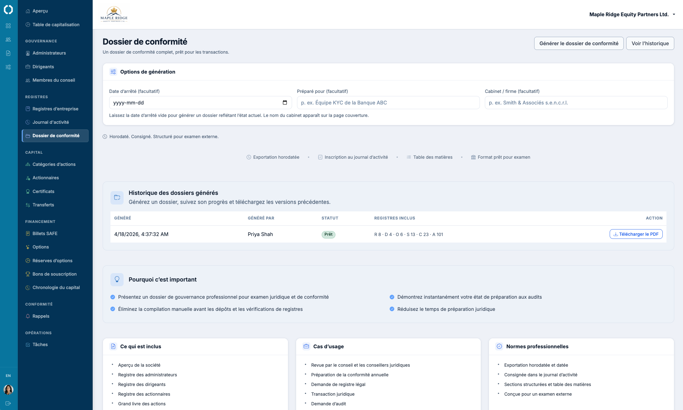 Aperçu de l'export du Dossier de conformité regroupant livre des minutes, registres, certificats et historique d'activité dans un seul ensemble structuré