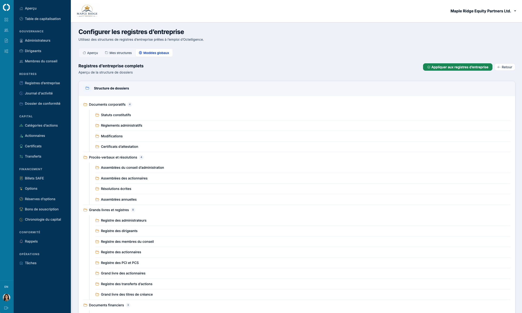 Arborescence du livre des minutes avec documents corporatifs, minutes et résolutions, registres et états financiers