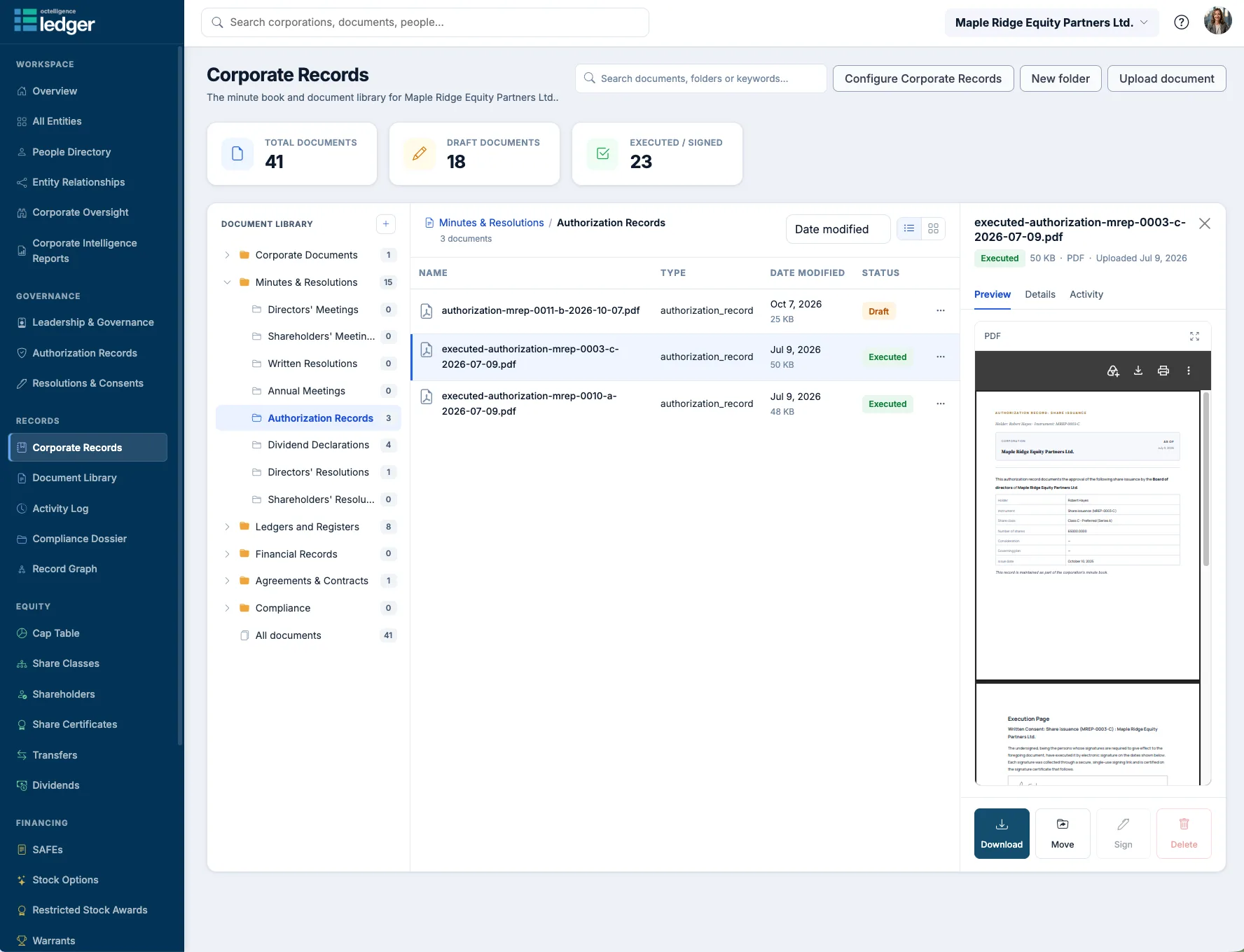 Corporate Records in Octelligence: minute book folders, authorization records and a preview of an executed document